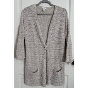 CHICO'S Cardigan sweater open weave knit LIGHT BEIGE Size 1 (medium) 3/4 sleeve